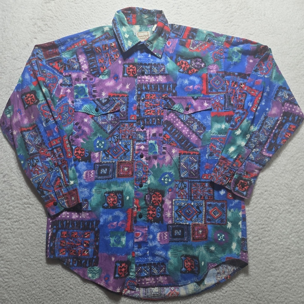Vintage Western Plains Trading Co Shirt Mens Medium Southwestern Aztec Tapestry